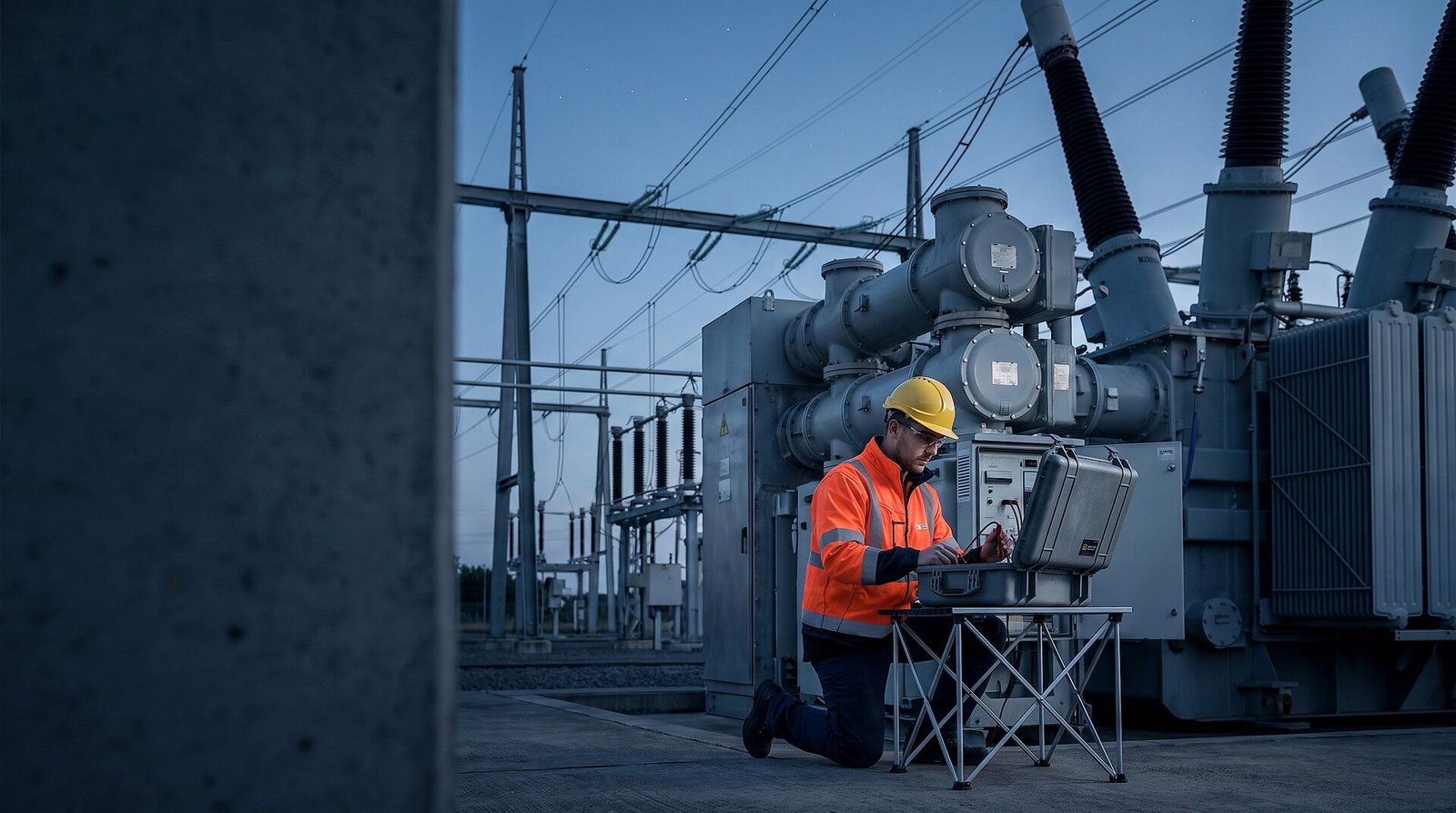 Fensor field-service engineer performing on-site calibration on SF6 gas-insulated switchgear at a high-voltage substation with a portable calibrator