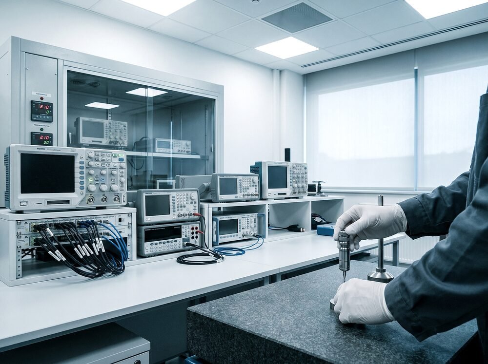 Precision metrology and calibration laboratory bench with measurement instruments and a probe