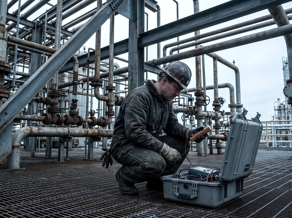Field-service maintenance technician with an open portable calibration case at an industrial plant