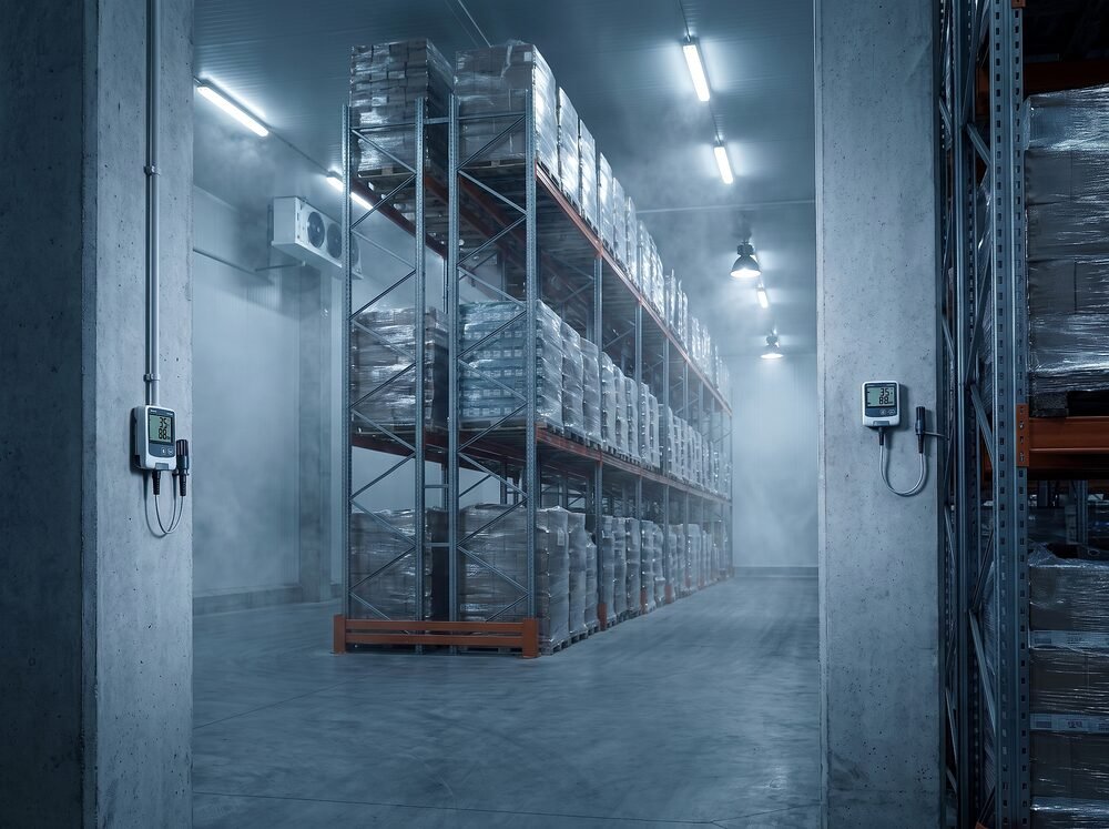 Humidity and temperature controlled cold-storage warehouse with wall-mounted humidity data-loggers