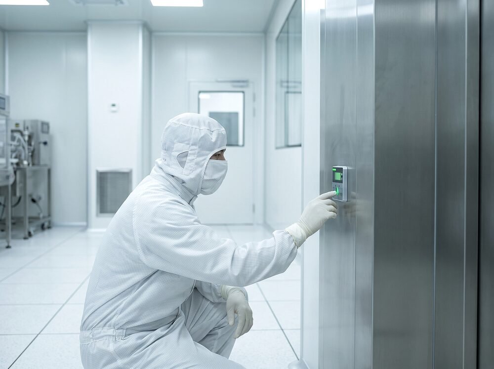 Technician in a pharmaceutical cleanroom checking an environmental humidity monitoring sensor