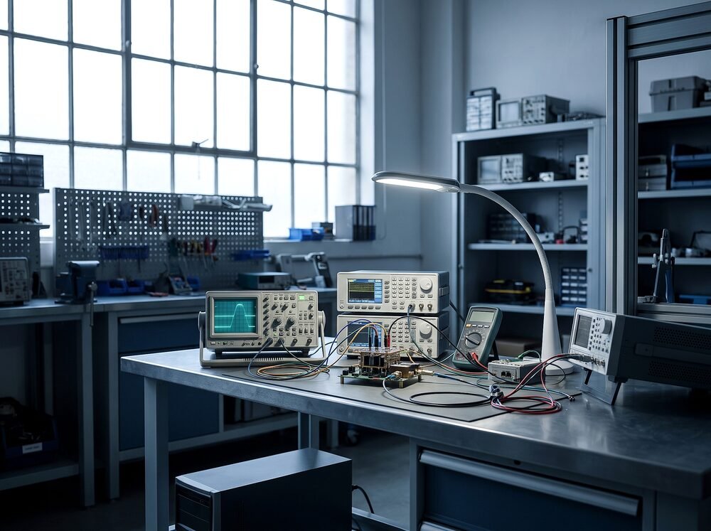 Research and development test-and-measurement bench with an oscilloscope showing a step response